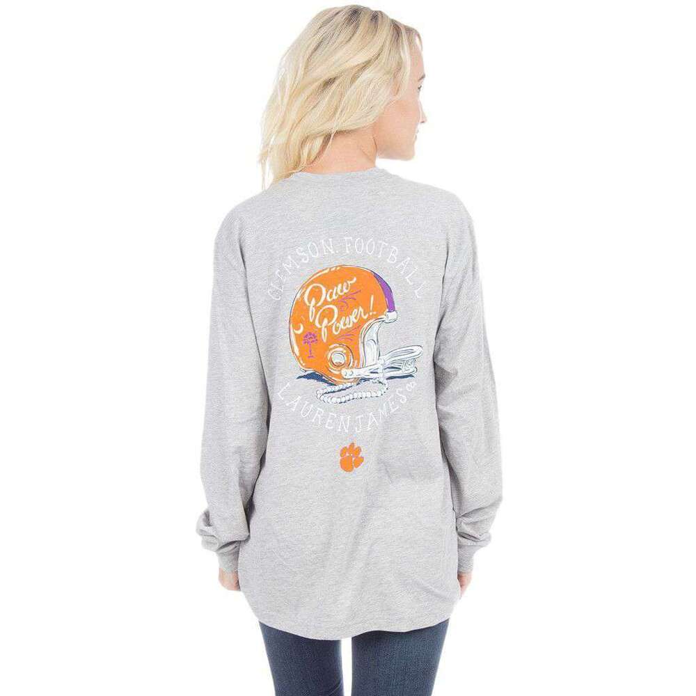 Lauren James Womens Tee XS Gray Clemson Paw Power Long Sleeve Helmet Pearls